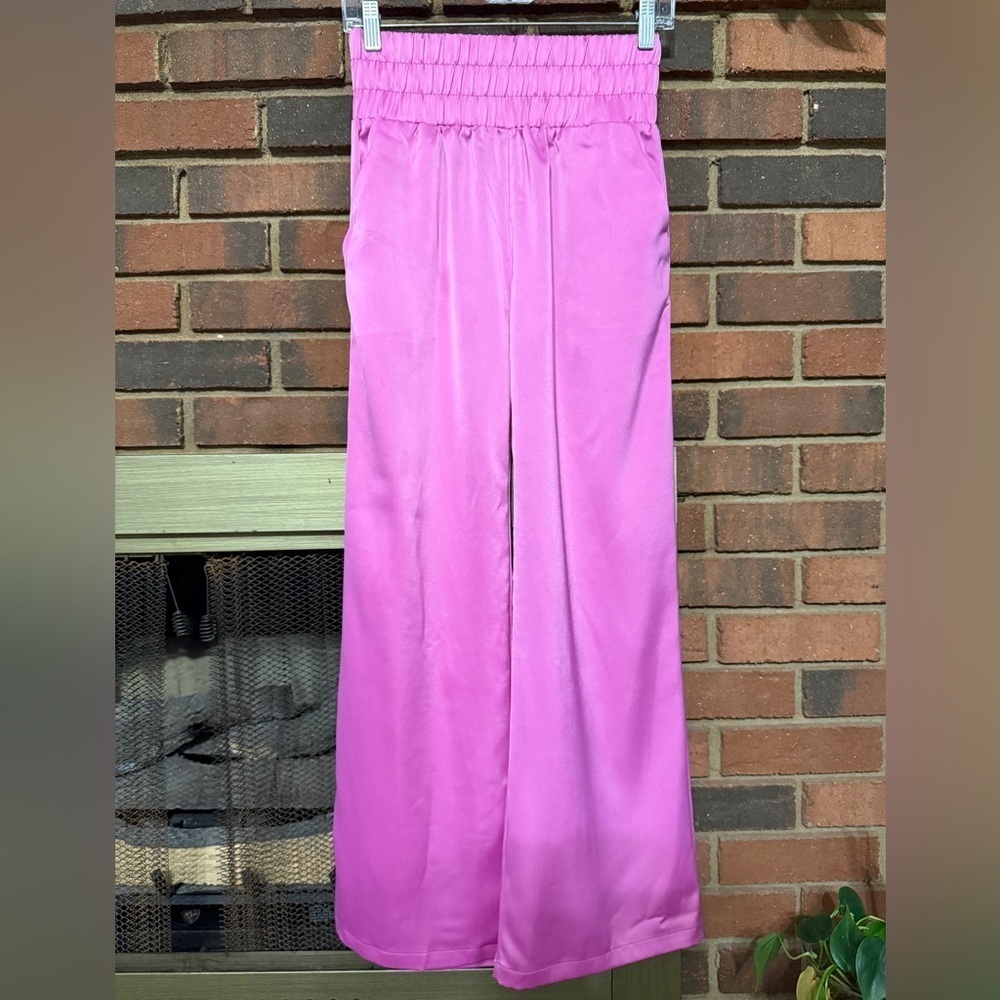 Sincerely Jules Wide Leg Satin Pants in Bright Pink